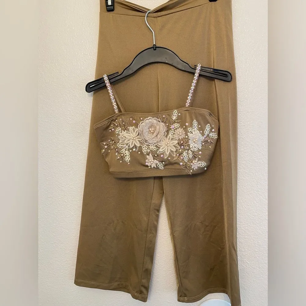 The Line Up Custom Contemporary Solo Costume Taupe Floral Applique Pants SA